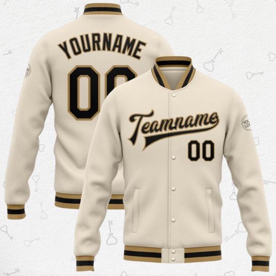 Discover Custom Varsity Letterman Jacket  Your Name, Team Name & Number | Cream Snap-Front | Black/Gold Trim | Unisex