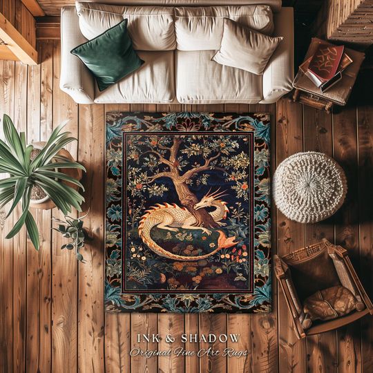 Baroque Victorian Gothic Woodland Dragon Area Rug Floral Folklore Aesthetic | Dark Botanical Goblincore Antique Cottagecore Mythical Decor
