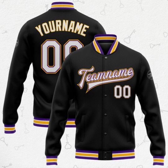 Custom Baseball Jacket  Your Name, Team Name & Number | Purple/Gold Trim | Unisex