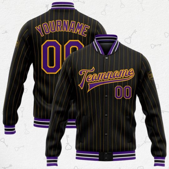 Discover Custom Pinstripe Varsity Letterman Jacket  Your Name, Team Name & Number | Black Snap-Front | Purple/Gold Trim | Unisex