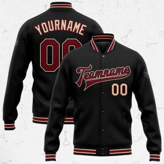 Custom Baseball Jacket  Your Name, Team Name & Number | Maroon/Gold Trim | Unisex