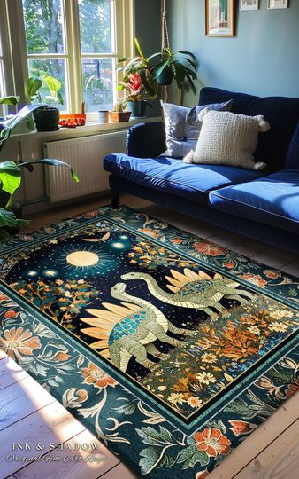 Discover Whimsical Forestcore Mystical Dinosaur Rug Starry Night Enchanted Woodland Decor | Magic Celestial Cottagecore Stegosaurus Art Home Accent