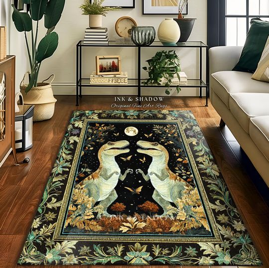 Discover Mystical T-Rex Rug Celestial Night Enchanted Forest Decor | Whimsical Dark Woodland Whimsy Vintage Dinosaur Art Fantasy Forestcore Accent