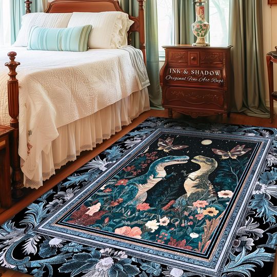 Celestial T-Rex Dinosaur Rug Enchanted Night Garden Moonlit Witchy Cottagecore, Vintage Indigo Blue Whimsigoth Whimsical Jurassic Forestcore