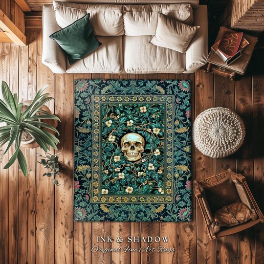 Wildflower Wilds Skull Area Rug | Botanical Macabre Home Accent Gothic Aesthetic Wiccan Bedrooom Rug Witchy Tarot Skeleton Whimsigoth Decor