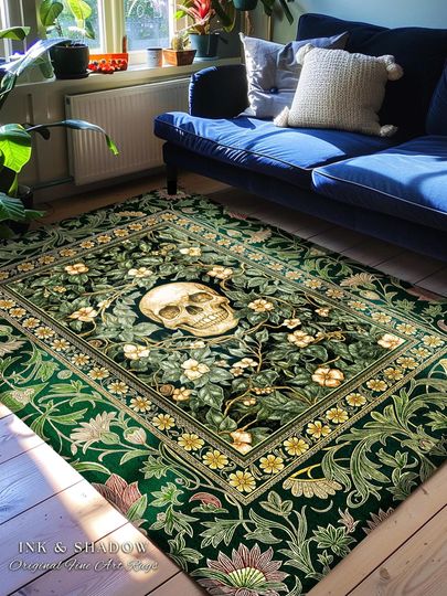 Macabre Garden Skull Area Rug | Botanical Gothic Aesthetic Skeleton Bedroom Floor Accent Spooky Season Decor Witchy Vibes Dark Academia Goth