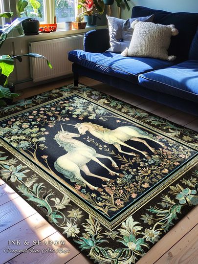 Discover Woodland Floral Unicorn Area Rug | Fairycore Folklore Home Accent Rug Fantasy Storybook Bedroom Whimsical Sage Green Whimsical Cottagecore