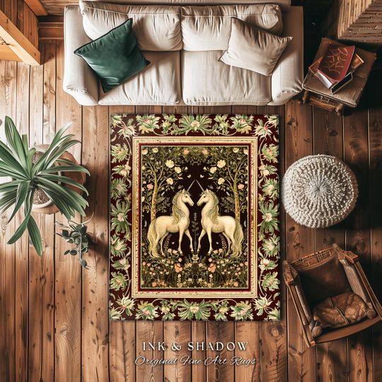 Discover Mystic Storybook Aesthetic Unicorn Rug | Whimsical Sage Green Ornate Baroque Fantasy Area Rug Enchanted Nouveau Cottagecore Fairytale Accent