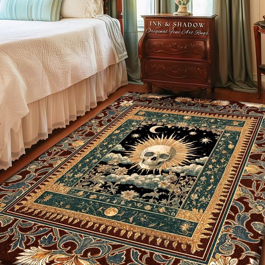 Indie Aesthetic Skull Accent Rug | Macabre Bedroom Retro Skull Decor Witchy Aesthetic Autumn Vibe Halloween Dark Academia Gift Gothic Style