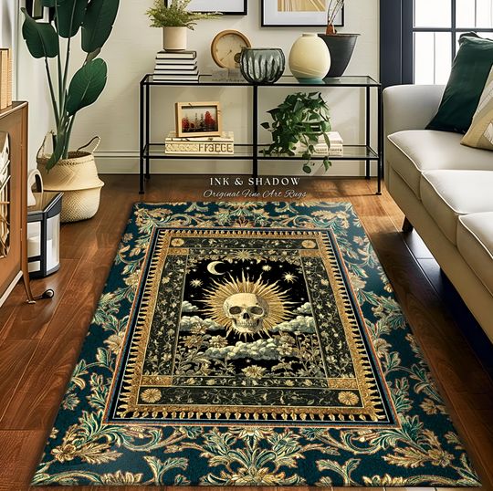 Bewitched Skeleton Witchy Area Rug | Retro Skull Bedroom Accent Macabre Decor Fall Witch Vibe Book Nook Whimsigoth Baroque Spooky Style |
