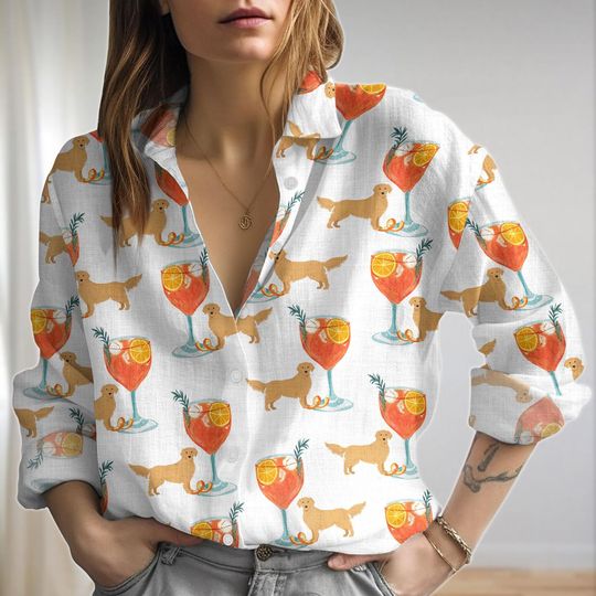 Aperol Spritz Linen-Look Shirt, Cocktail Glasses Women Blouses, Golden Dog Long Sleeve Shirt, Cocktail Party Shirt, Gift For Her