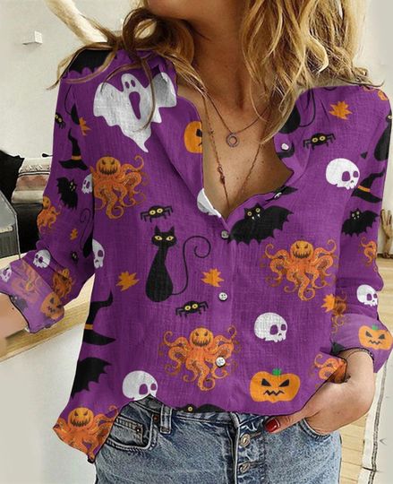 Halloween Octopus Blouse Shirt, Black Cat Casual Shirt, Octopus Shirt, Cute Ghost Shirt Women, Spooky Season Shirt