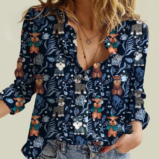 Schnauzer Linen-Look Shirt, Schnauzer Blouse Women Shirt, Dog Mom Casual Shirt, Animal Lover Gift, Women Blouses, Gift For Her