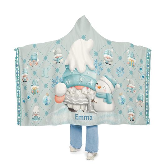 Cozy Blue Gnome Snuggle Blanket, Personalized Winter-Themed Hooded Blanket, Gift for Christmas, Warm Throw, Custom Snuggie for Adults & Kids