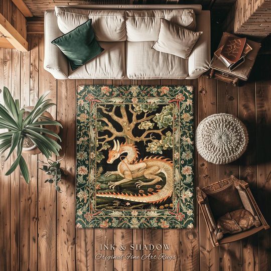 Enchanted Woods Dragon Rug | Medieval Aesthetic Fairytale Nursery Decor Morris Style Cottagecore Fairycore Bedroom Mystical Woodland Dragon