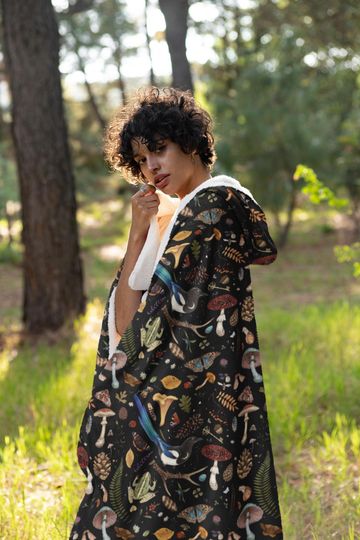 Discover MAGPIE BIRDS Hooded Snuggle Blanket, Woodland Sherpa Blanket with Magpies Mushrooms Frog & Foliage, Enchanted Forest Witchy Wearable Blanket