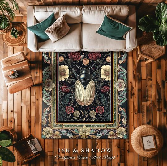 Victorian Gothic Floral Beetle Rug Vintage Aesthetic Dark Botanical Bug Decor | Macabre Whimsigothic Enchanted Forest Wildflower Insect Art