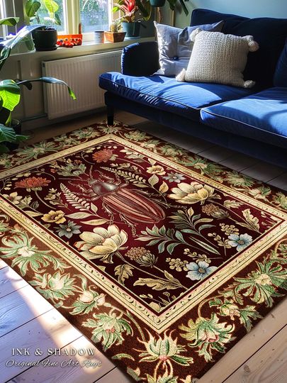 Enchanted Forest Dark Nature Theme Insects Decor Woodland Gothic Rug | Whimsical Dark Botanical Wildflower Forestcore Beetle Art Home Decor