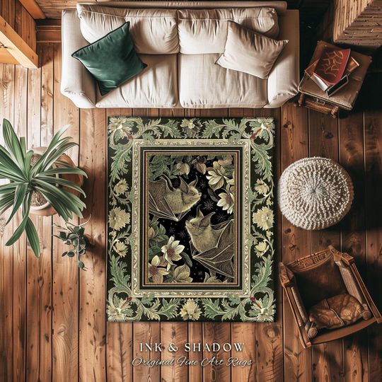 Discover Victorian Gothic Soft Cottagecore Sage Green Bat Rug Witchy Goblinecore | Dark Botanical Bohemian Floral Bat Decor Whimsigoth Woodland Rug
