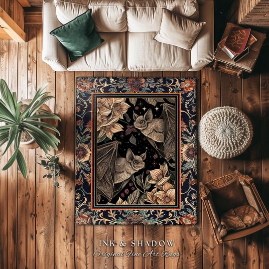 Dark Academia Mystic Bat Rug Woodland Gothic Victorian Decor | Enchanted Forest Bat Lover Nature Rug Celestial Boho Floral Cottagecore Decor