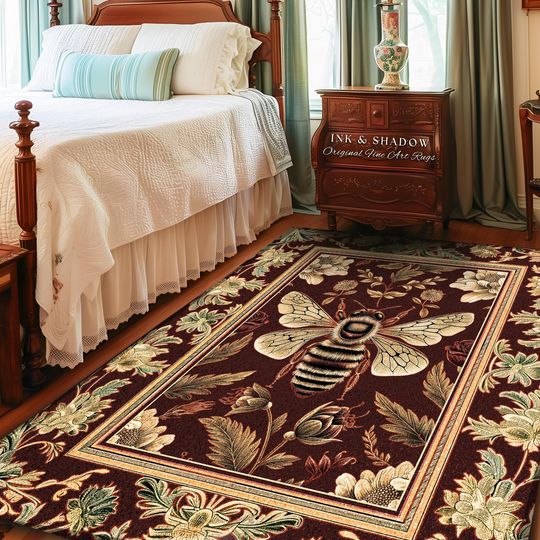 Discover Regal Honeybee Rug Baroque Inspired Vintage Floral Insect Art Decor | Medieval Cottagecore Bee Garden Woodland Whimsy Folklore Home Accent