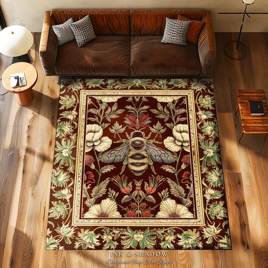 Discover Victorian Gothic Honeybee Rug Enchanted Floral Botanical Bee Art | Romantic Baroque Cottagecore Dark Academia Forestcore Insect Home Decor