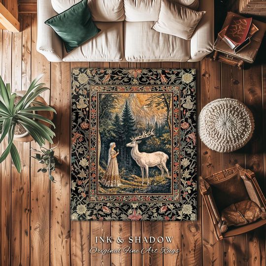 Discover Mythic Landscape Gothic Forest Rug | Woodland Goddess Mystic Deer Area Rug Forest Nymph Fairycore Home Accent Magical Deer Botanical Scene |