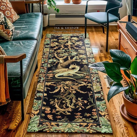 Discover Ethereal Dragon Art Runner Rug Enchanted Aesthetic Fantasy Forest Whimsical Woodland Gothic Decor | Fairytale Whimsy Art Deco Dragon Rugs