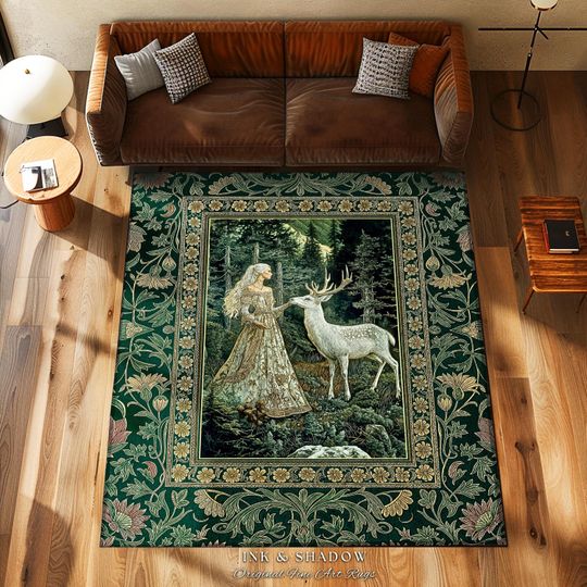 Discover Botanical Folklore Ethereal Area Rug | Forest Elegance Mother Earth Rug Fantasy Decor Dark Green Bedroom Accent Dark Fairycore Romantic Art