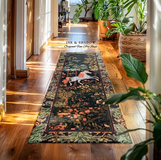Discover Mystical Woodland Unicorn Runner Rug Whimsical Fairycore Romantic Baroque Aesthetic | Enchanted Forest Art Renaissance Cottagecore Accent