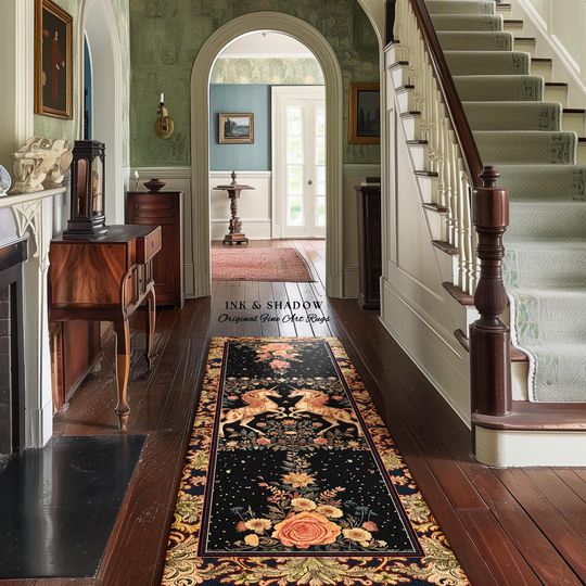 Fairytale Unicorn Floral Aesthetic Runner Rug | Pastel Cottagecore Area Rug Fairycore Runner for Hallway Whimsical Boho Home Decor Medieval