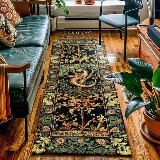 Discover Ornate Victorian Gothic Dragon Runner Enchanted Baroque Medieval Forestcore Rug | Mystical Vintage Fantasy Forest Whimsical Woodland Decor