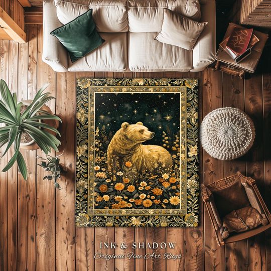 Discover Golden Starlit Grizzly Bear Rug Mystical Meadow Whimsical Wildflower Decor | Vintage Forestcore Cottagecore Celestial Woodland Animal Art