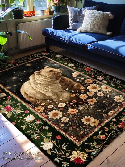 Victorian Gothic Bear Rug Ethereal Starry Night Forestcore | Romantic Baroque Whimsical Woodland Cottagecore Dark Floral Fairycore Wildlife