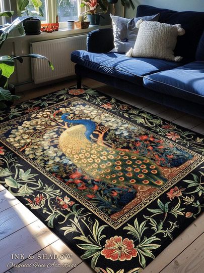 Royal Peacock Accent Rug | Floral Ornate Room Decor William Morris Inspired Cottagecore Aesthetic Fairycore Bedroom Witchy Ethereal Gothic