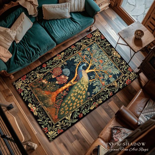Discover Cottagecore Peacock Accent Rug | Royalcore Floral Room Decor William Morris Inspired Cottagecore Aesthetic Fairycore Bedroom Ethereal