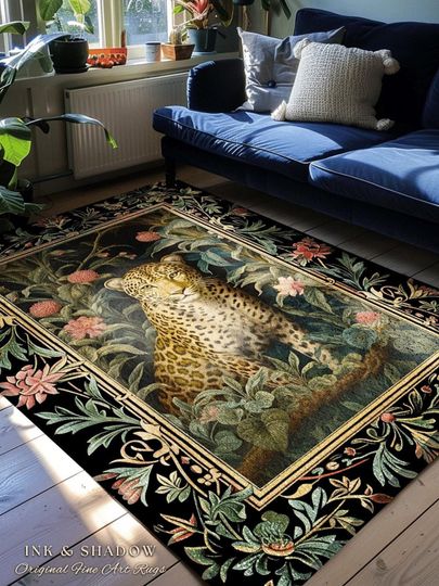 Nature Inspired Dark Cottagecore Morris Style Fairycore Boho Bedroom Rug Jungle Cheetah Nursery Decor | Leopard Rug Whimsigothic Floral Mat