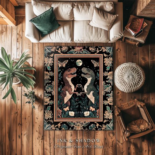 Discover T-Rex Whimsical Academia Area Rug | Dinosaur Accent Rug Ornate Medieval Nightscape Vintage Dark Woodland Gothic Moonlit Moth Bedroom Cute |