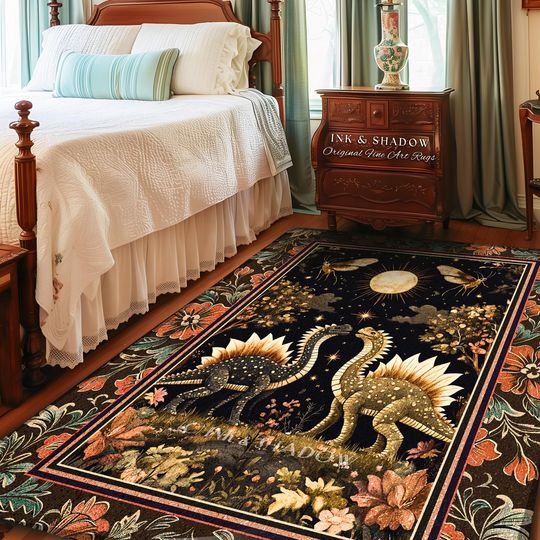 Rustic Elegance Dinosaur Decor Woodland Gothic Celestial Stegosaurus Rug Antique Baroque Aesthetic  Enchanted Forestcore Art Home Accent
