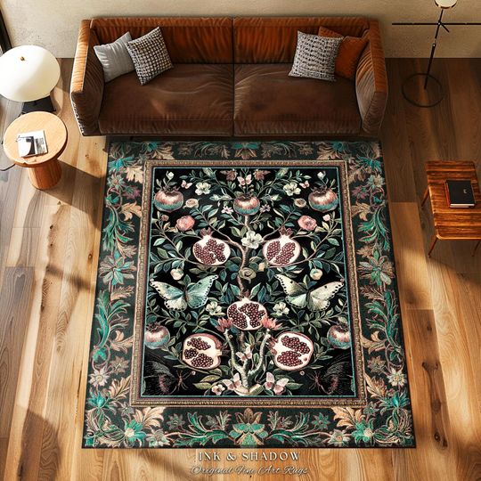 Discover Mystical Pomegranate Forestcore Design Rug Whimsical Nature Inspired Botanical Cottagecore Decor, Vintage Woodland Gothic Forest Foliage Art