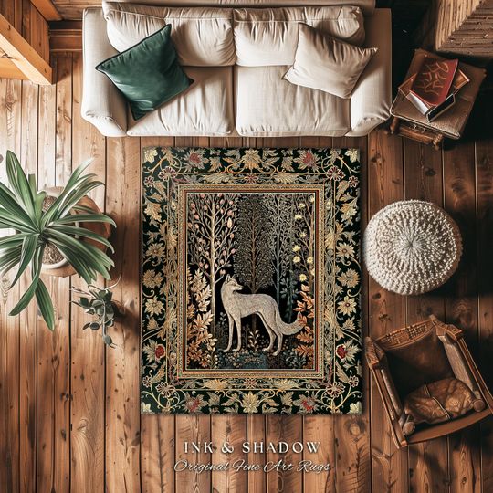 Cozy Hygge Woodland Wolf Area Rug | Elegant Cottagecore Forest Bohemian Room Decor Homey Aesthetic Magical Nature Fairytale Inspired Bedroom