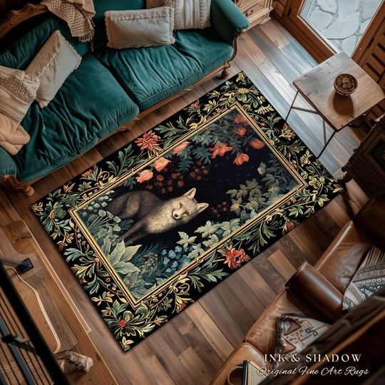 Discover Grey Fox Mystic Bedroom Rug | Cottagegoth Room Decor William Morris Inspired Forest Aesthetic Fairycore Gothic Dorm Rug Ethereal Decoration