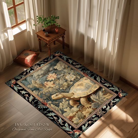 Discover Ornate Floral Bedroom Rug | Tortoise Decor William Morris Style Cottagecore Reading Corner Dark Fairycore Room Mystical Woodland Aesthetic