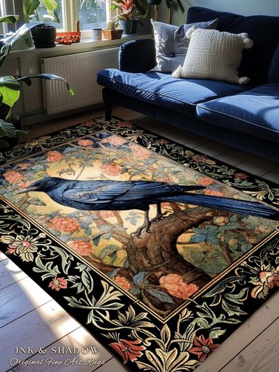 Discover Witchy Room Decor Rug | Ethereal Bedroom Decor William Morris Inspired Cottagecore Aesthetic Dark Fairycore Book Nook Woodland Crowcore Art