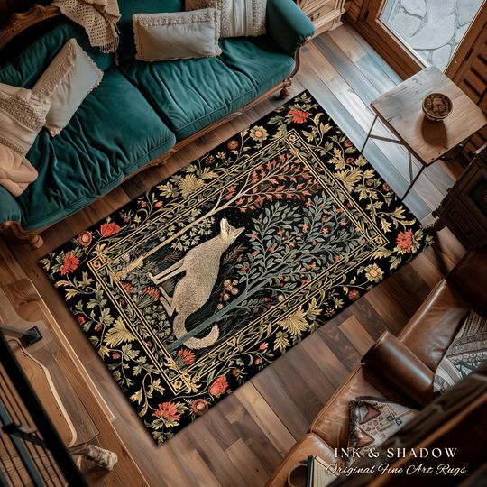 Danish Pastel Wolf Rug | Boho Woodland Theme Room Decor William Morris Inspired Cottagecore Aesthetic Fairycore Scandinavian Bedroom