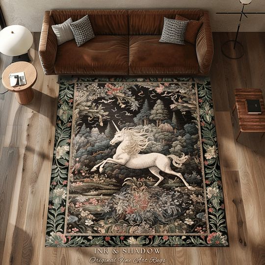 Discover Pastel Botanical Unicorn Rug | Whimsical Folklore Nursery Decor Morris Style Cottagecore Fairycore Mystical Decor Princesscore Aesthetic |