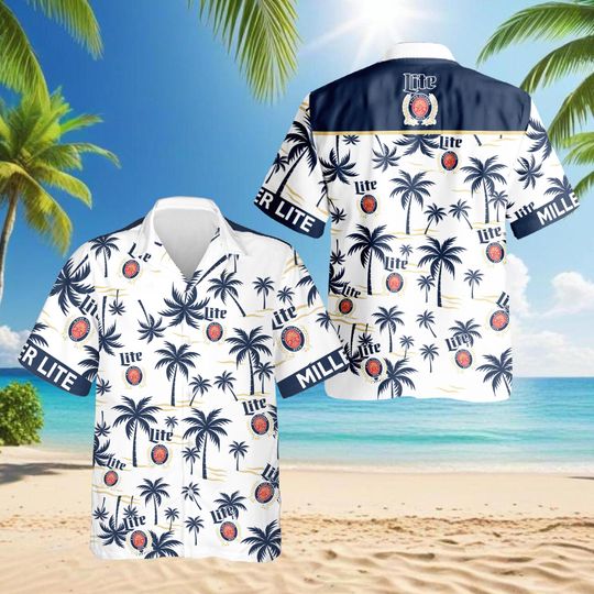 Discover Miller Lite Hawaiian Shirt for Men, Tropical Beer Aloha Shirt, Button Down Casual Summer Beach Short Sleeve, Vacation Party Gift Top