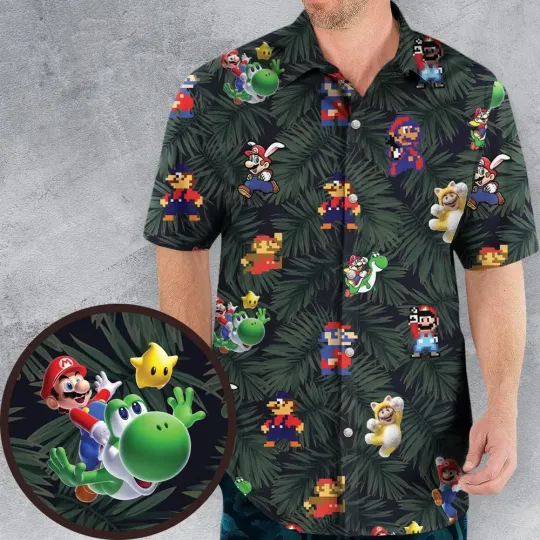 Discover Tropical Super Mario Hawaiian Button Down Shirt