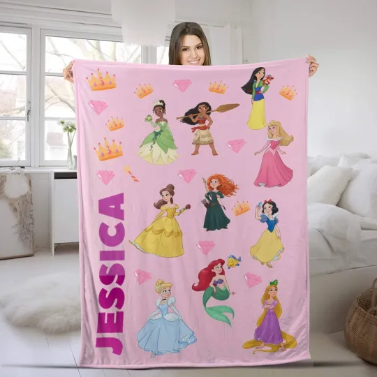 Discover Personalized Disney Princess Plush Fleece Blanket, Custom Name Baby Girl Blanket