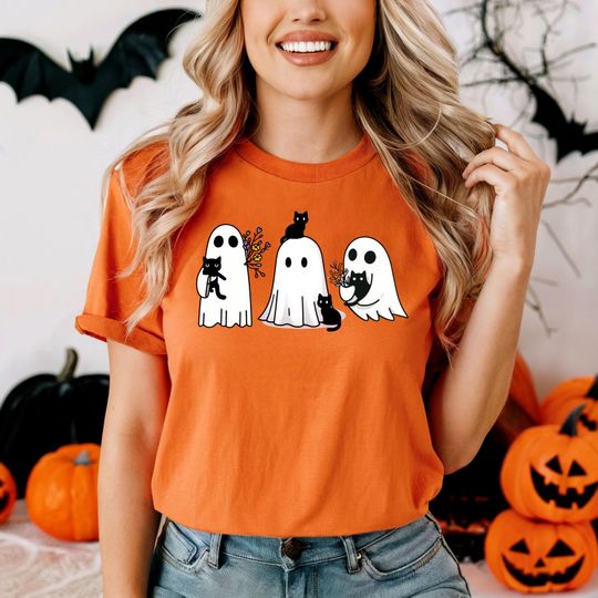 Discover Halloween Ghost Shirt, Halloween Cat T-Shirt, Black Cat Tee, Horror Cat T Shirt